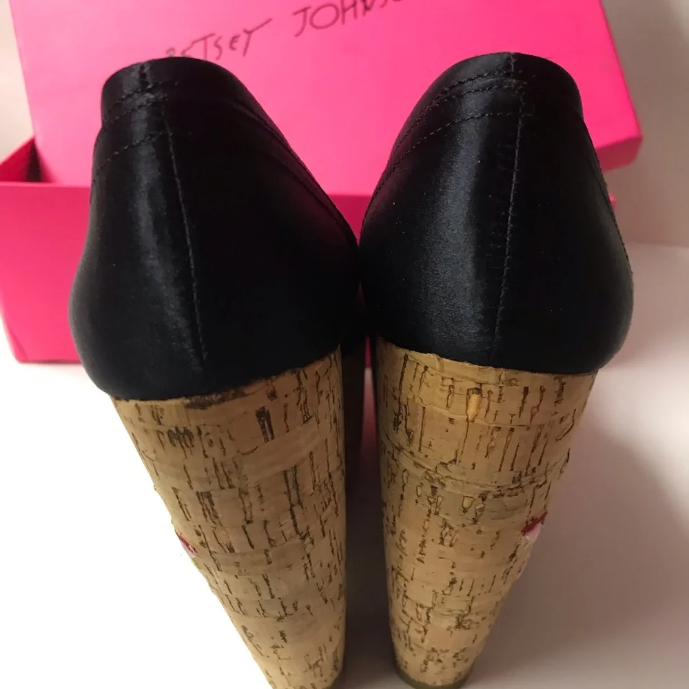 Betsey Johnson Black Satin Cork Wedges with Red Rose Embroidery